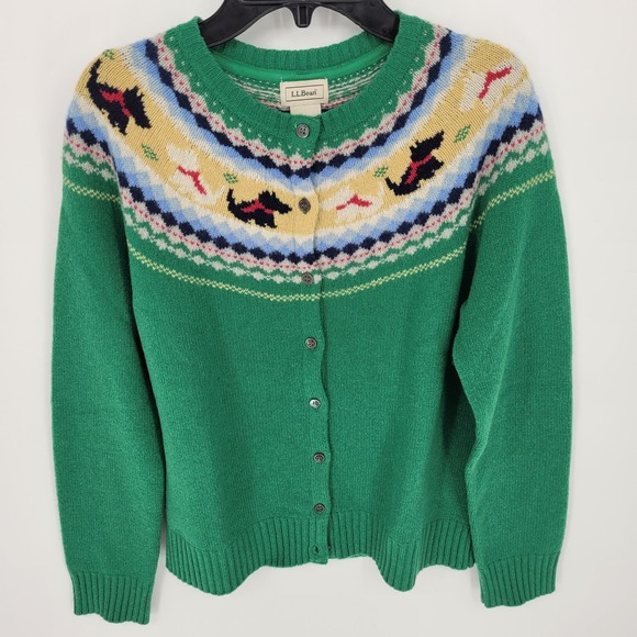 L.L. Bean Sweaters - L.L. Bean Scottie Dog Fair Isle Cardigan Women XS Green lambs Wool Sweater vtg